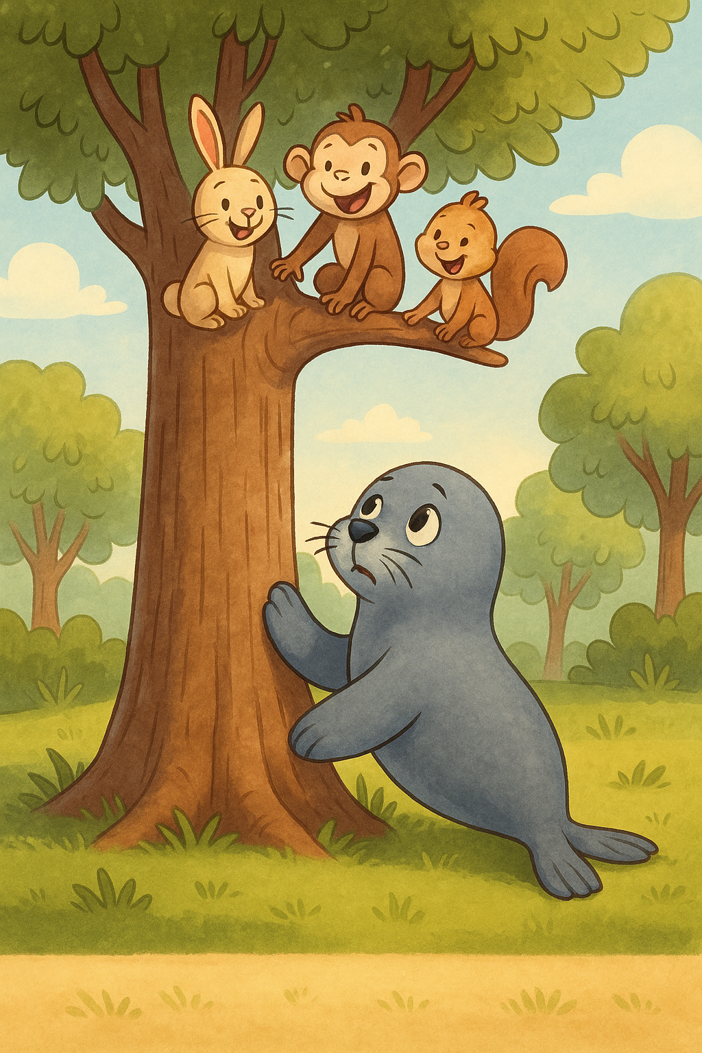 Sammy watching friends climb the tree