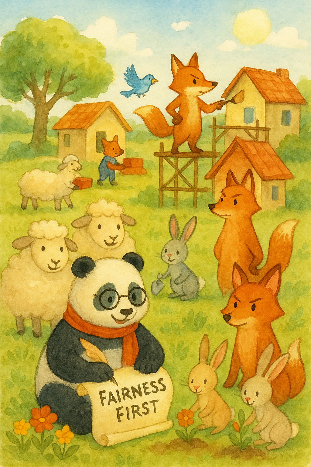 Animals rebuilding and Panda writing 'Fairness First'